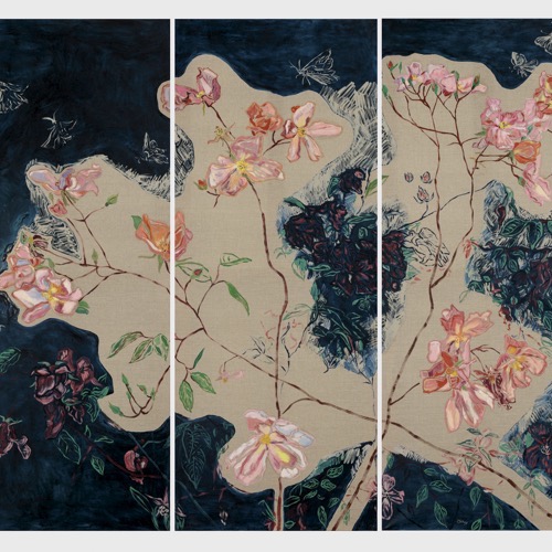 Roses with Midnight Moths (triptych), 2021, oil on linen, 120 x 150cm